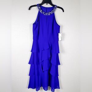 Jessica Howard Halter Midi Dress Ruffle Tiered Jewel Neck Chiffon 8 Blue NWT